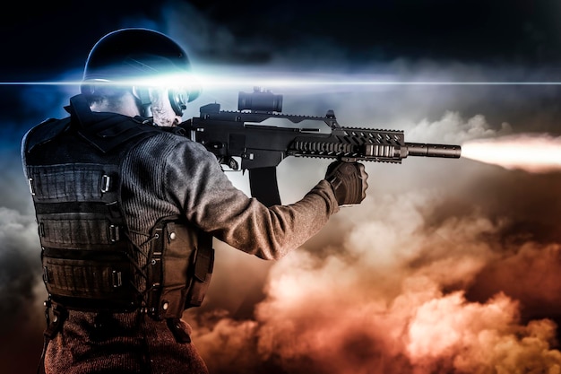 assault soldier with rifle on apocalyptic clouds, firing