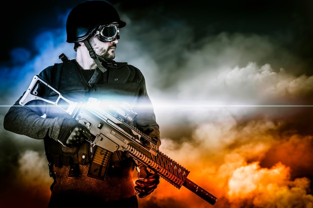 assault soldier with rifle on apocalyptic clouds