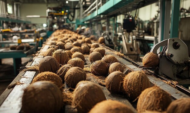 An assembly line in a coconut processing plant