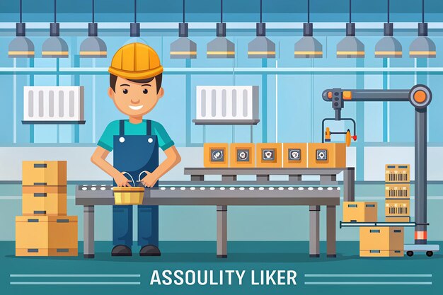 Photo assembly line worker vector character in flat style