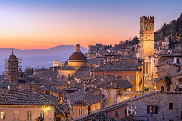 Assisi Italy rooftop hilltop old Town at Dusk