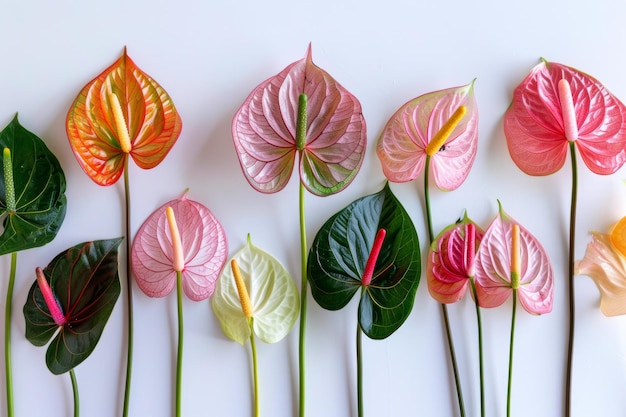 Assorted Anthurium Multicolored Leaves on White Background