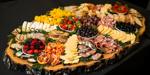 Photo assorted appetizers displayed on wooden platter