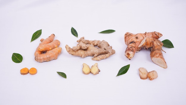 Assorted asian spices attractively arranged isolated on white background