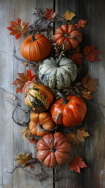 Assorted Autumn Pumpkins with Fall Leaves on Wood