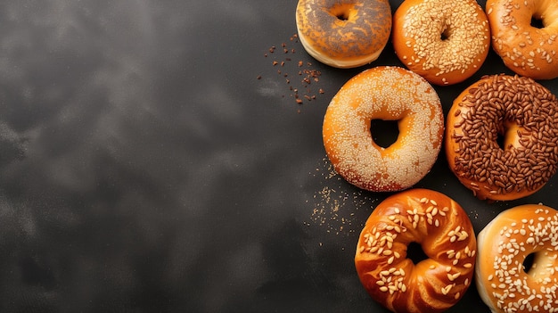 Assorted bagels on a dark surface