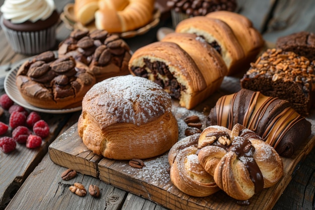 Assorted Baked Goods and Pastries on Wooden Table