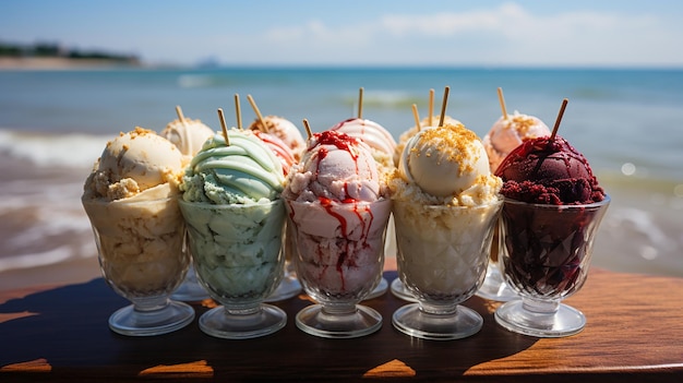 Assorted Balls of Ice Cream on the Background of the Blur Beach