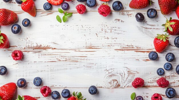 Assorted berries and mint displayed on a rustic white table aig