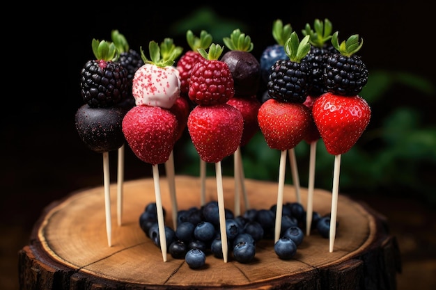 Assorted berries strung in a wooden skewer