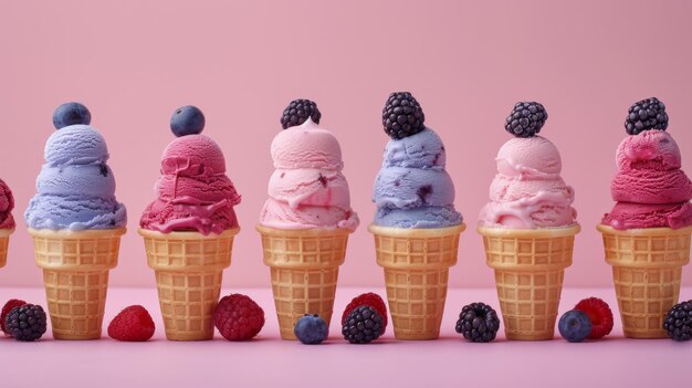 Photo assorted berry ice cream scoops in waffle cones with fresh berries on a pink background