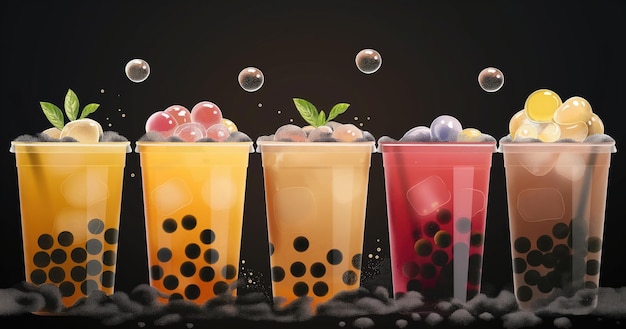 Photo assorted boba tea drinks on a black background colorful array of milk teas fruit juices and