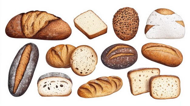 Photo assorted bread varieties on white isolated background