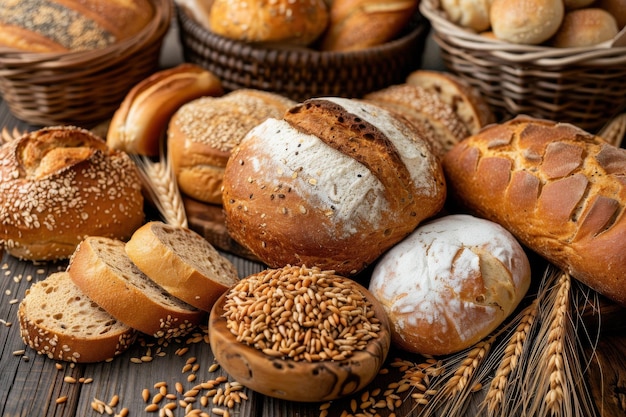 Assorted breads and whole grains on wood kitchen bakery concept