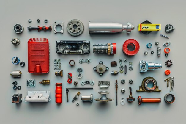 Photo assorted car auto parts on gray background adobe stock style isolated vehicle equipment