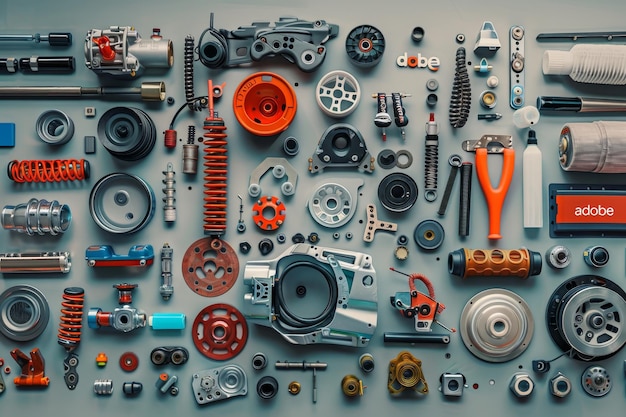 Photo assorted car auto parts on gray background isolated collection in adobe stock style