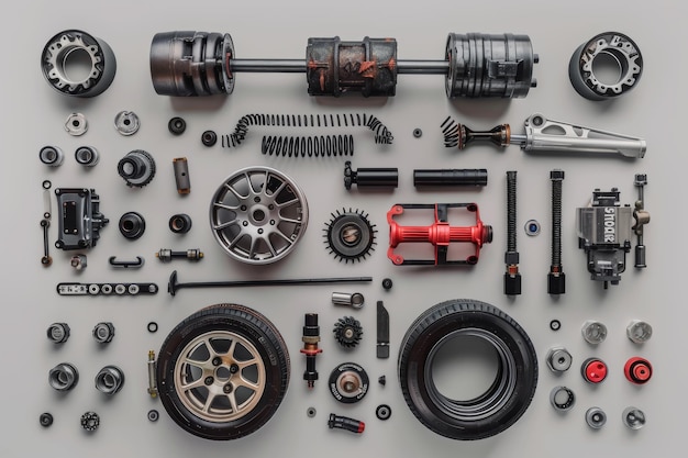 Photo assorted car auto parts on gray background isolated vehicle accessories in adobe stock style