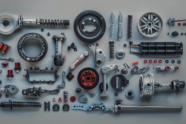 Photo assorted car parts on gray background adobe stock style photography isolated vehicle equipment