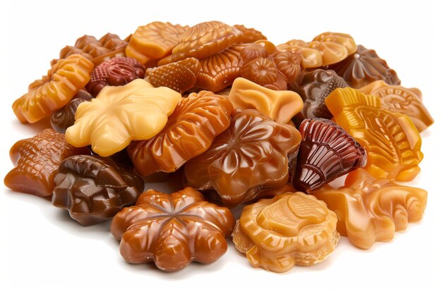 Assorted caramel candies with various shapes and designs set against a clean white background sho