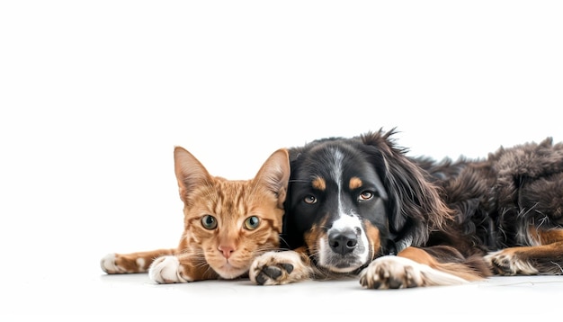 Assorted cats and dogs in studio portrait on white background with ample space for text