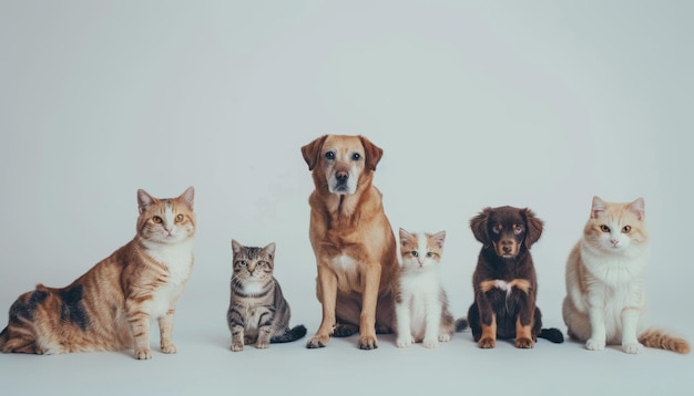 Assorted cats and dogs in studio setting with white background for versatile design