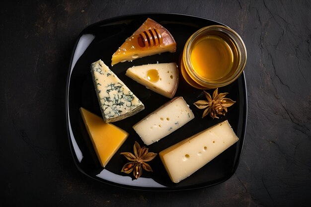 Assorted cheese with honey on a black plate top view