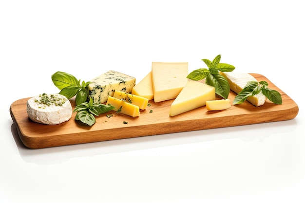 Assorted cheeses and basil on a white wooden board