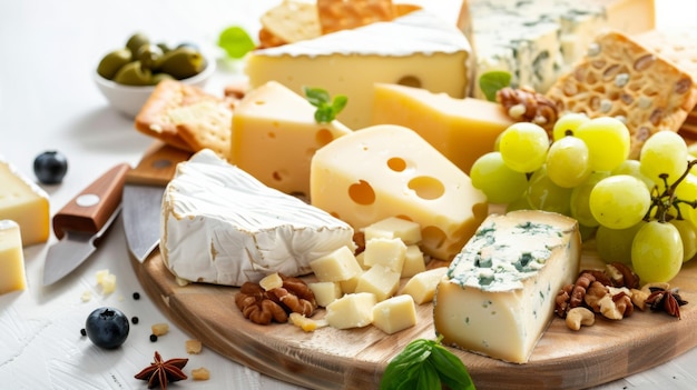 Assorted cheeses elegantly presented with fruit and nuts on a board