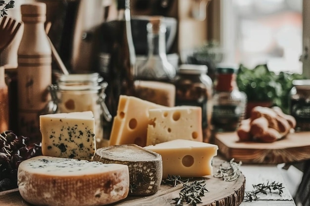 Photo assorted cheeses kitchen display