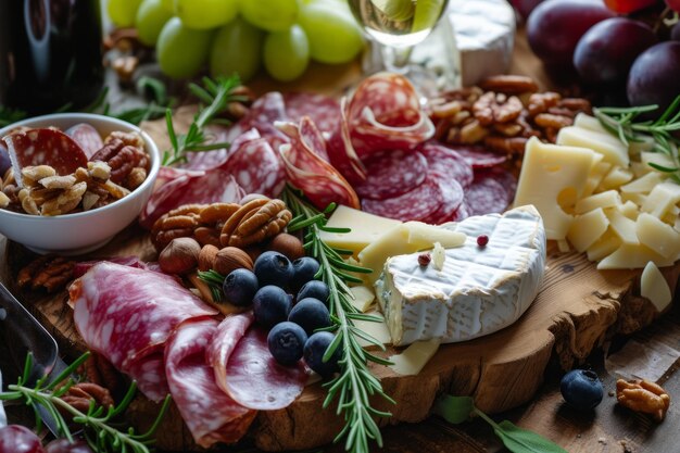 Assorted cheeses meats fresh fruits nuts and appetizers beautifully arranged on a wooden board Generative AI