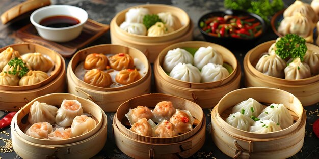 Photo assorted chinese dim sum including dumplings and buns concept chinese cuisine dim sum dumplings buns appetizers