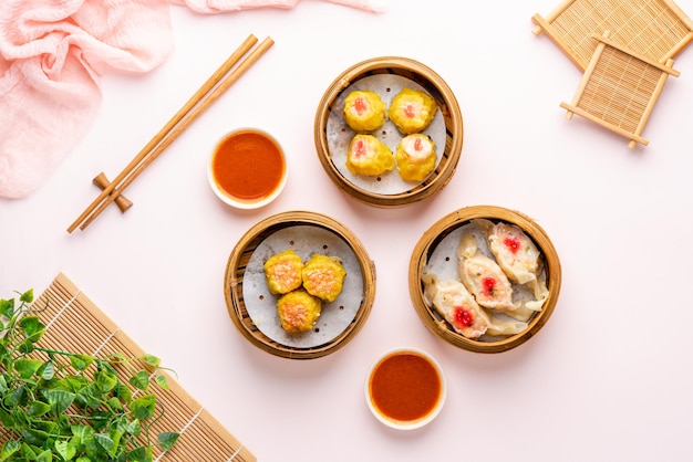 Assorted Chinese Dimsum in bamboo basket