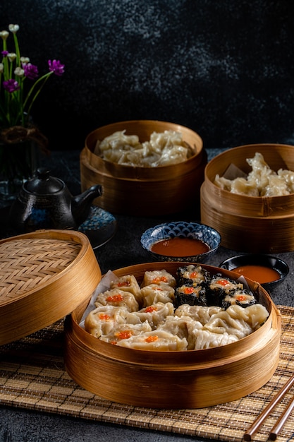 Assorted Chinese Dimsum in bamboo basket