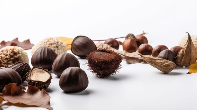 Assorted chocolate chestnuts and truffles on a white background