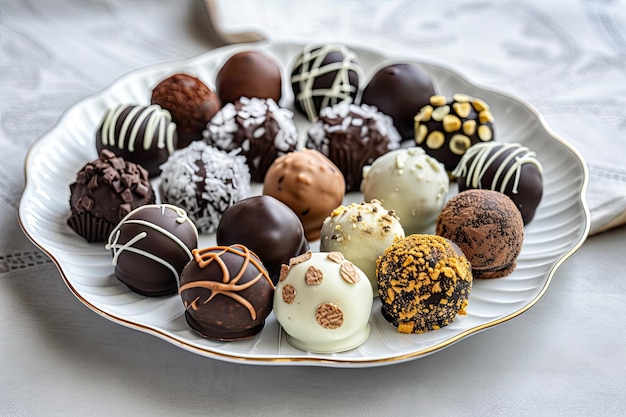 Assorted chocolate truffles arranged in a beautiful display on white plate