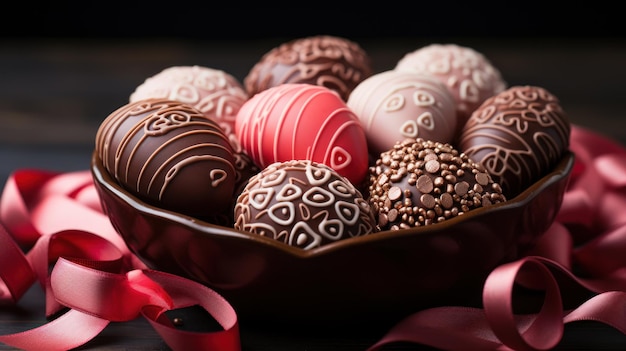 Assorted chocolate truffles in a heart box on the table