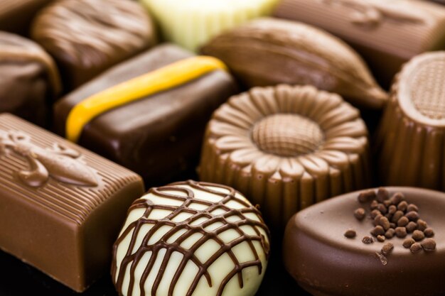 Assorted chocolates on a black background.