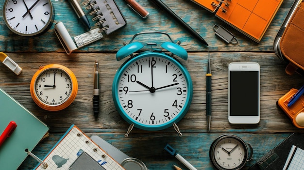 Photo assorted clocks and office supplies on desk