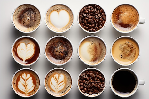 Assorted coffee cups isolated top view on beige background