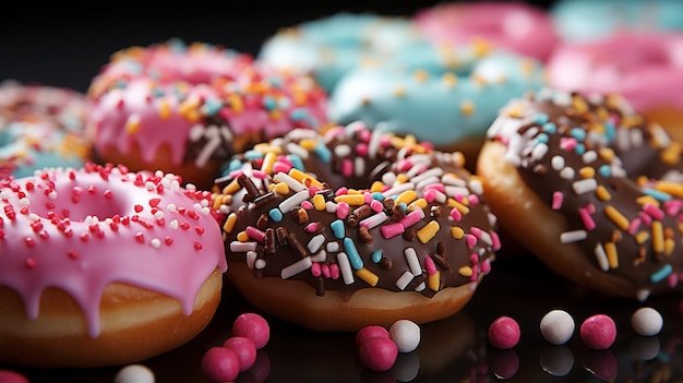 Assorted and collage of delicious glazed donuts a popular dessert TOP view photo for pastry shop