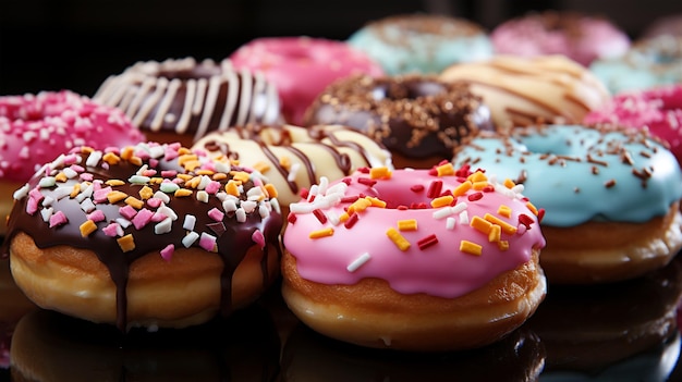 Assorted and collage of delicious glazed donuts a popular dessert TOP view photo for pastry shop