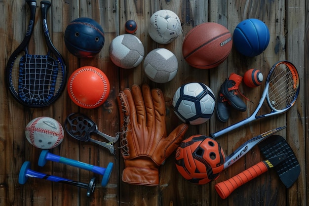 Photo assorted collection of sports equipment for various games neatly arranged on a dark background