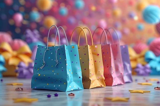 Assorted colored shopping bags including red yellow lime green orange pink and blue