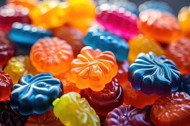 Assorted colorful brain shape jelly candies tasty Halloween sweets