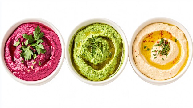 Photo assorted colorful dips hummus on white background