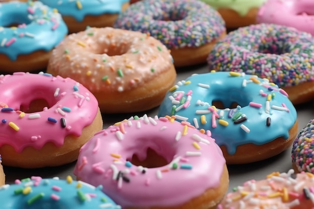 Assorted colorful donuts background Generative AI