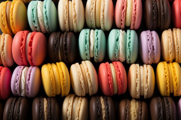 Assorted colorful french macaroons displayed in aerial view above banner background