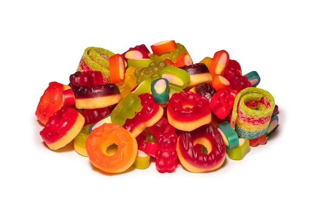 Assorted colorful gummy candies Top view Jelly donuts Jelly bears Isolated on a white background