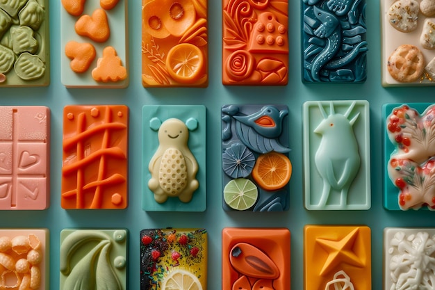 Assorted Colorful Handmade Soaps with Natural Ingredients and Unique Textures Display