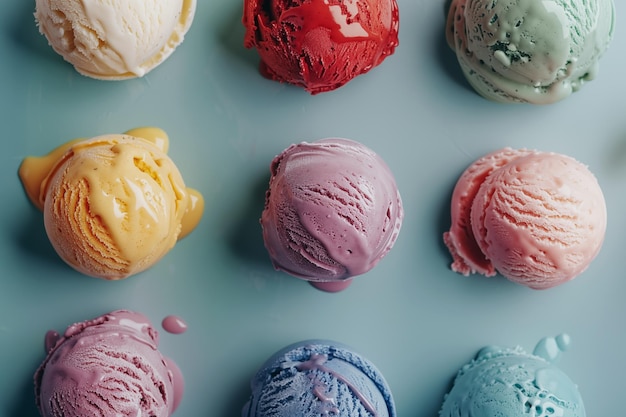 Assorted colorful ice cream scoops including vanilla strawberry pistachio and blueberry